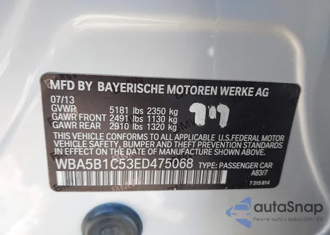 2014 BMW 535I z USA, uszkodzony, nr VIN WBA5B1C53ED475068